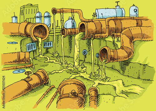 A cluster of cartoon pipes in an industrial area oozing polluted slime sewage into a concrete canal.