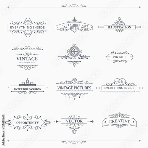 Set of creative vector templates for logos, label or banners on the theme of quality and business in vintage style. Flourishes calligraphic elements. Design frame and page decor