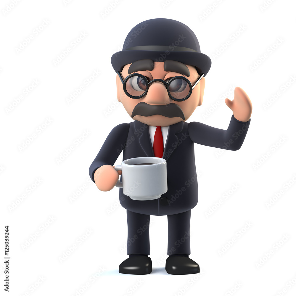 Obraz premium 3d Bowler hatted British businessman takes a break with a cup of tea