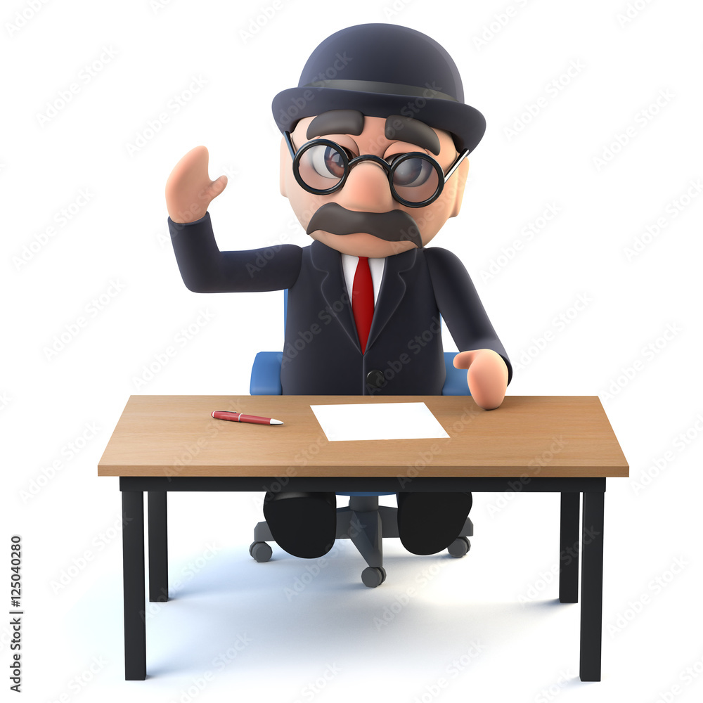 3d Bowler hatted British businessman at his desk 3d Bowler hatted British businessman at his desk