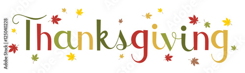 HAPPY THANKSGIVING faux calligraphy banner with autumn leaves