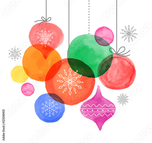 Christmas backgound with Christmas balls, watercolor vibrant colors Christmas decoration, Merry Christmas greeting card