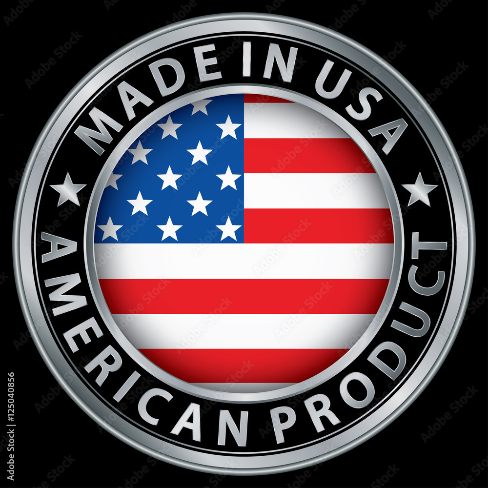 Made in the USA american product silver label with flag, vector Made in the USA american product silver label with flag, vector