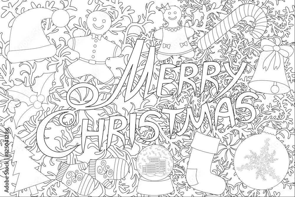 Merry Christmas isolated on the white background for coloring book