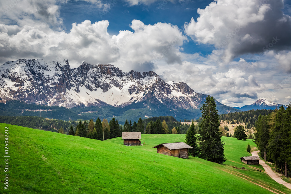 Small valley with cottages in spring, Dolomites, Italy
