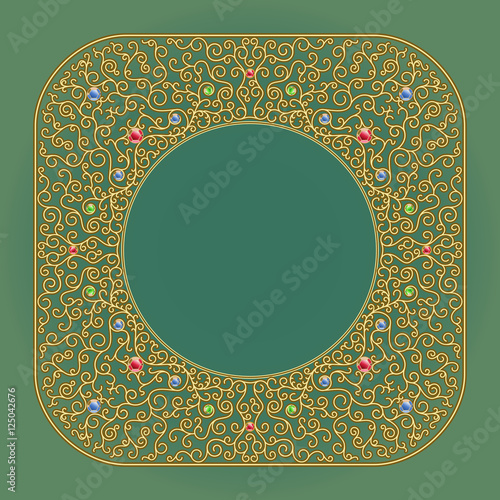 Square gold frame. Vignette with curls and jewels. Curly branches on green background. 
Buckle or forged grille.