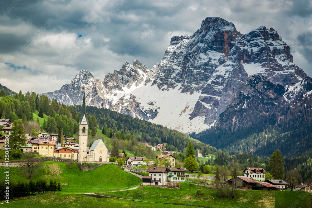 Wonderful view of small town Santa Luccia in Dolomites