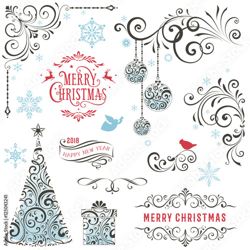 Ornate winter holiday collection with swirls, typographic labels, gift box, Christmas tree and ornaments.