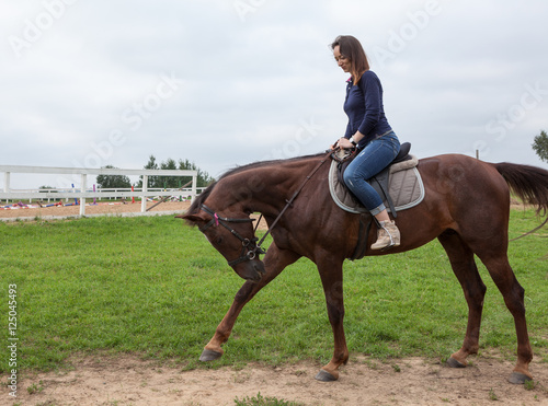 Chestnut horse bowing head and raising leg with a female rider on horseback © Kekyalyaynen