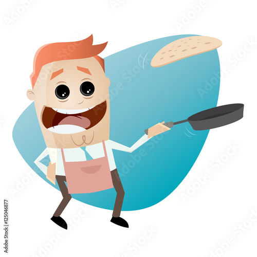 funny cartoon man flipping a pancake