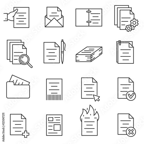 documentation icons set, thin line design. business papers and files. various interactions with the document, linear symbols collection. isolated vector illustration.
