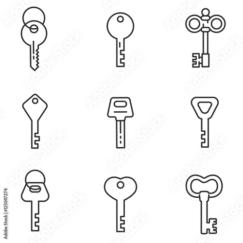 keys icons set, thin line design. the keys to the locks of different forms, linear symbols collection. modern and vintage keys. isolated vector illustration.
