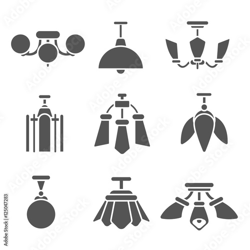 ceiling chandeliers icons set. ceiling lights different forms, simple symbols collection. isolated vector monochrome illustration.
