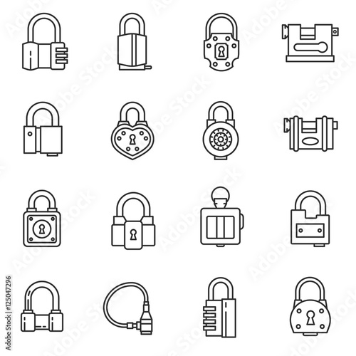 locks icons set, thin line design. door lock, linear symbols collection. locks of different shapes, isolated vector illustration