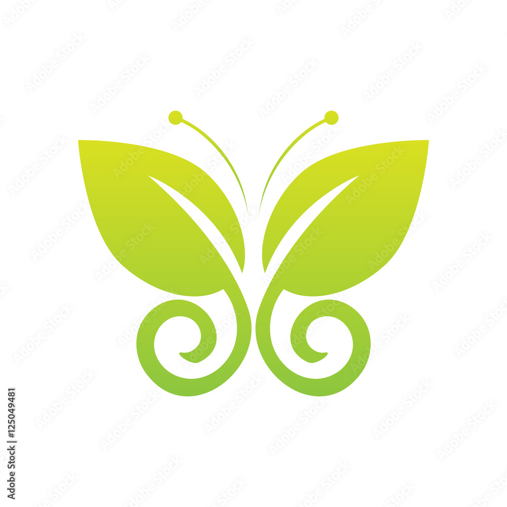 Eco icon green butterfly symbol. Vector illustration isolated on the light background. Fashion graphic design. Beauty concept. Vivid colors butterfly logo. Smooth shape. Plain flat style colors. Eco icon green butterfly symbol. Vector illustration isolated on the light background. Fashion graphic design. Beauty concept. Vivid colors butterfly logo. Smooth shape. Plain flat style colors.