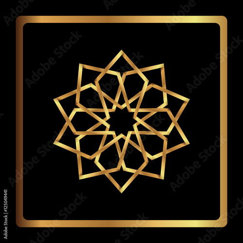Circular pattern. Geometric icon. nine pointed gold star on black background. Modern style. Vector illustration. Simple symbol. Mandala. Logo. Fashion graphic design. Smooth shape.