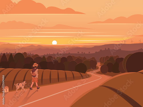 Sunset Walking Traveler Landscape