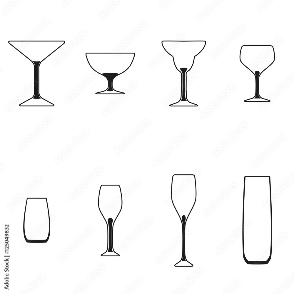 Glasses set. Vector illustration of different drinks and cocktails, isolated on white background. Sign pattern. Label for cocktail lounge. Design texture for bar or restaurant. Food and drink concept. Glasses set. Vector illustration of different drinks and cocktails, isolated on white background. Sign pattern. Label for cocktail lounge. Design texture for bar or restaurant. Food and drink concept.