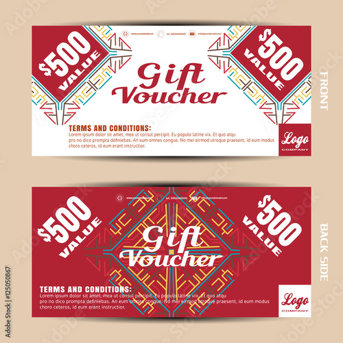Vector blank of gift voucher on the white and red background with pattern.