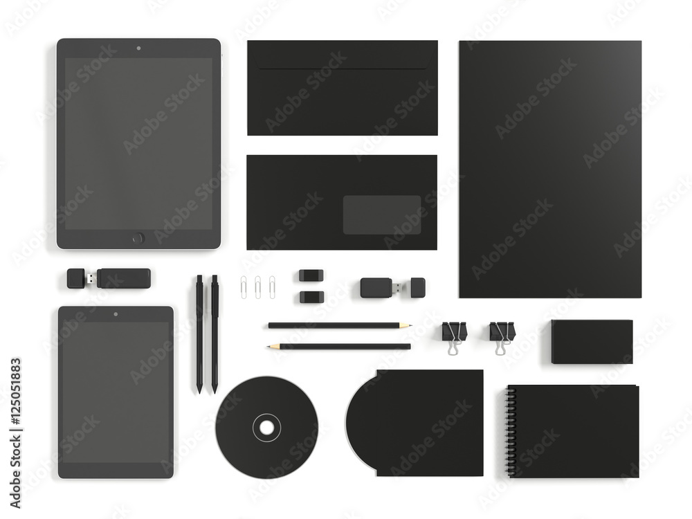 Black Branding MockUp with blank free copy space for design, advertising. Template with tablet gadgets, cd cover, pen, pencil, envelope, contact card, notepad, paper, clip, eraser. 3d illustration Black Branding MockUp with blank free copy space for design, advertising. Template with tablet gadgets, cd cover, pen, pencil, envelope, contact card, notepad, paper, clip, eraser. 3d illustration