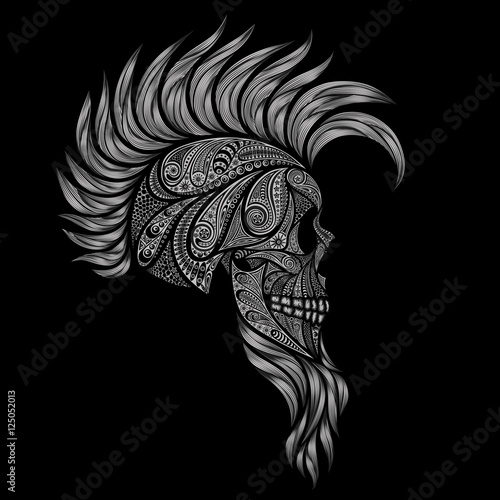 Human skull on a black background. Punk with a Mohawk and a beard of a variety of patterns