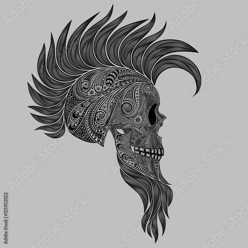 Vector human skull made of flowers with a Mohawk and a beard