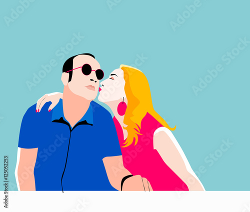 Hipster couple kissing. Happy teenagers dating. Vector illustration