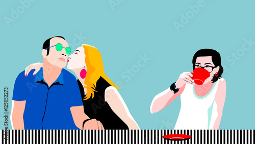 Hipster couple kissing. Happy teenagers sitting in restaurant, cafe. Vector illustration