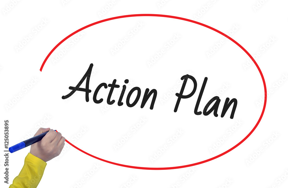 Woman hand writing action plan with marker Woman hand writing action plan with marker