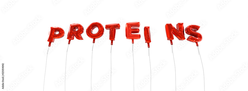 Fototapeta premium PROTEINS - word made from red foil balloons - 3D rendered. Can be used for an online banner ad or a print postcard.