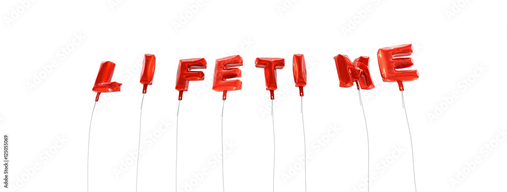 LIFETIME - word made from red foil balloons - 3D rendered. Can be used for an online banner ad or a print postcard. LIFETIME - word made from red foil balloons - 3D rendered. Can be used for an online banner ad or a print postcard.