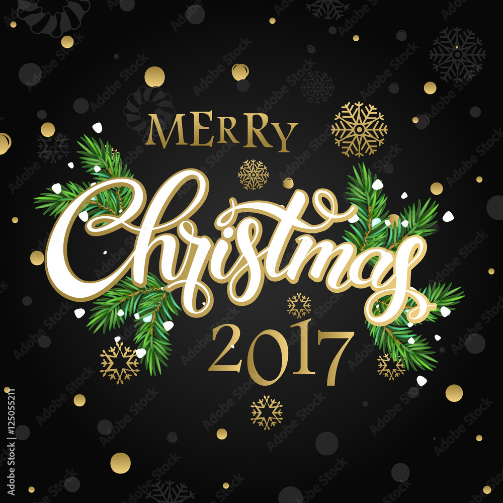 Merry Christmas and happy new year 2017. Vector lettering on black background whit snowflake and gold dots on poster. Isolate font golden decor.
