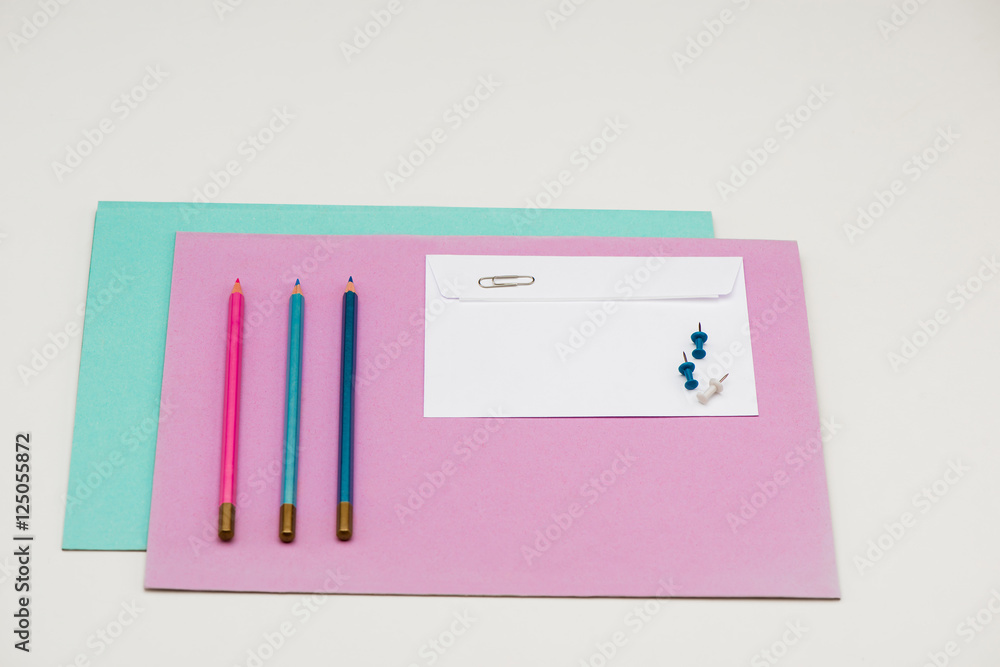 Stationery on white table. Office stuff. Stationery on white table. Office stuff.