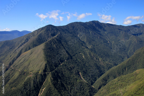 Panoramic view of death road  so called the worlds most dangerous road in Bolivia South America