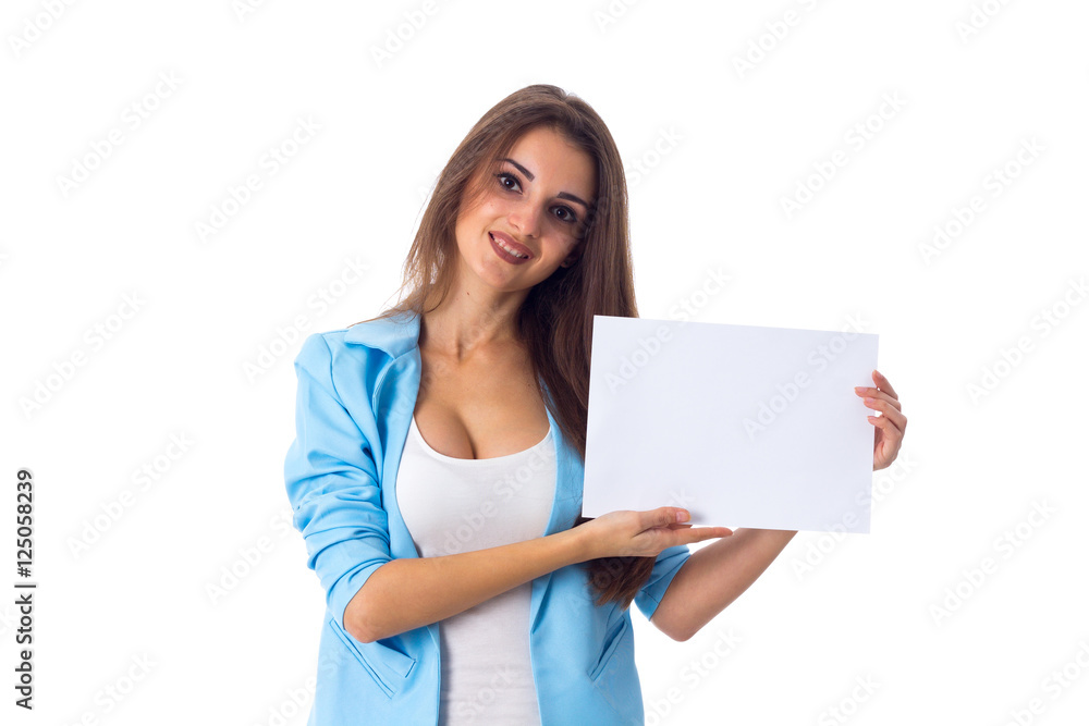 Woman holding white sheet of paper Woman holding white sheet of paper