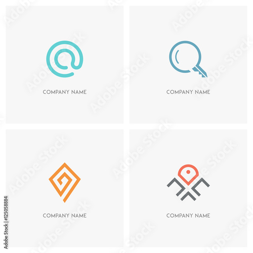 Address, email and search vector logo. Mail at sign, loupe, key and map pointer - contacts, realty and geo icons.
