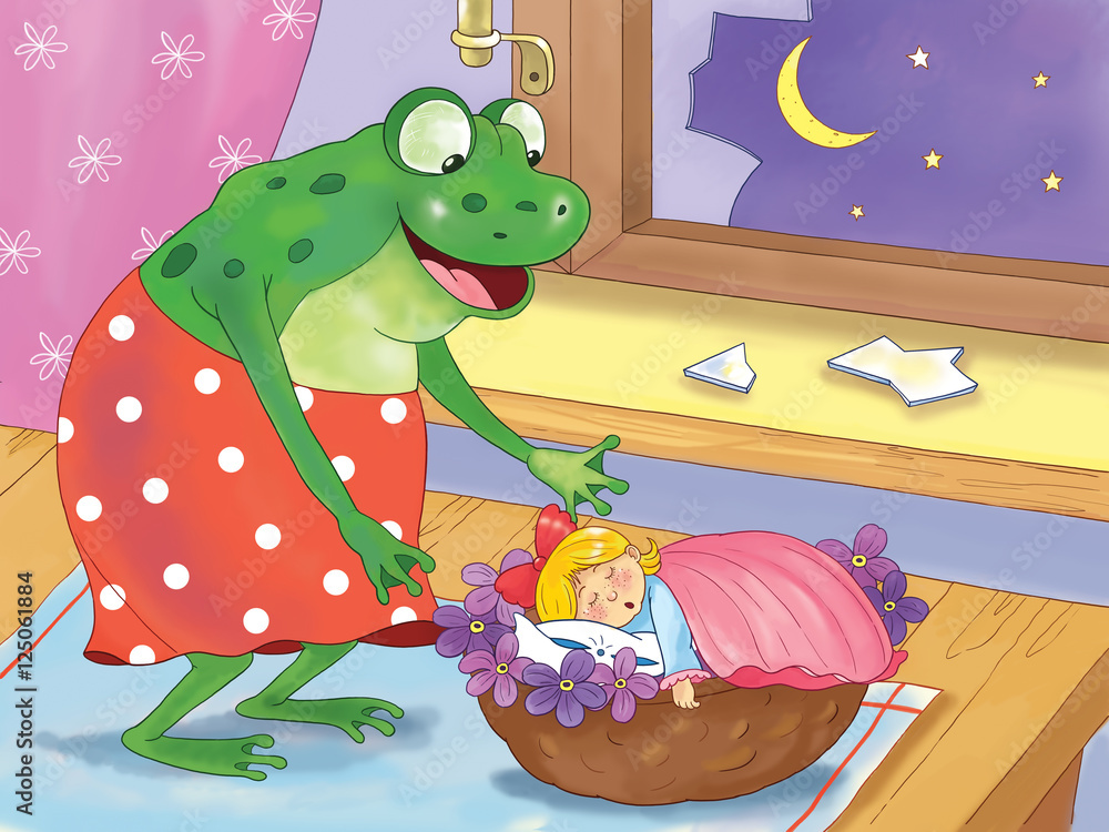 Thumbelina. Fairy tale. A cute tiny girl is sleeping in her bed made of  nutshell and a huge ugly frog is looking at her. Illustration for children.  Cartoon character Stock Illustration |