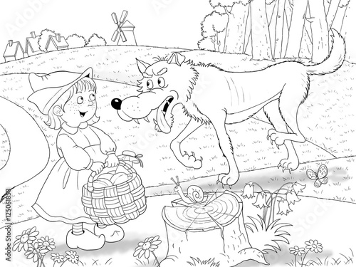 Little Red Riding Hood. Fairy tale. A cute girl with a basket full of food is talking to a big wolf on the road to her grandmother's house. Illustration for children. Cartoon character