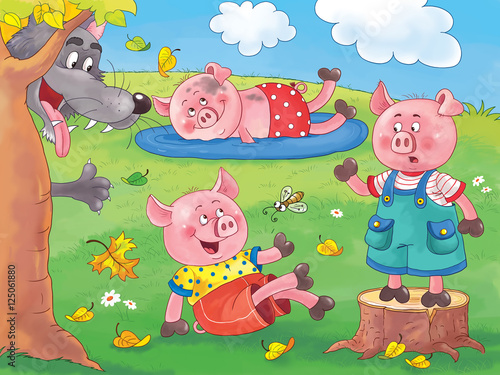 Three little pigs. English Fairy tale. Three little cute pigs are playing on the grass and a big wolf is watching them. Illustration for children. Cartoon character.