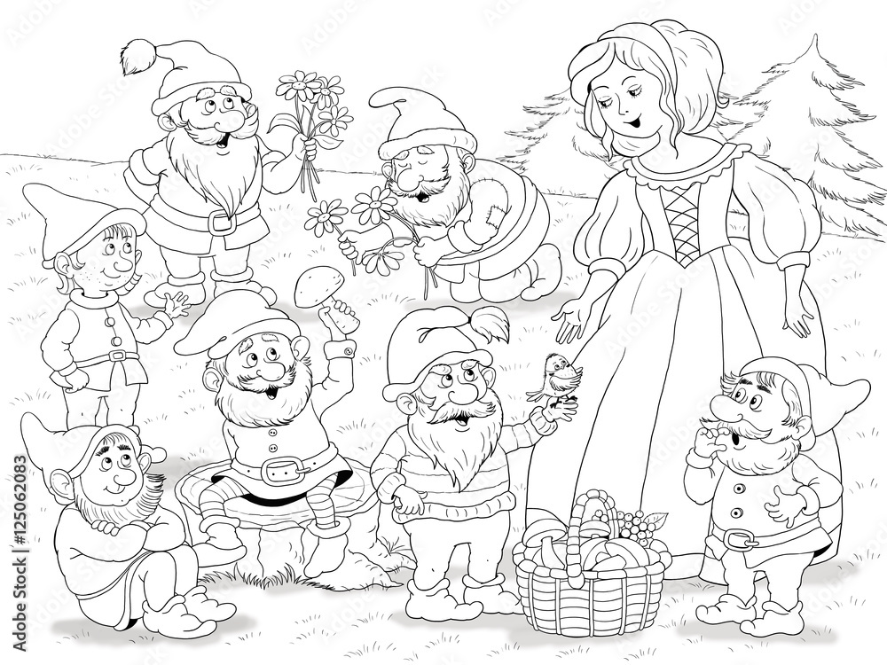 Snow white and seven dwarfs. Fairy tale. A beautiful princess surrounded by seven dwarfs. Illustration for children. Coloring book. Cartoon character
