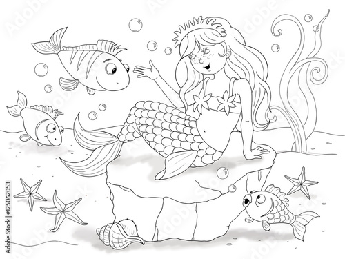 Obraz Syrenka  the-little-mermaid-fairy-tale-beautiful-mermaid-sits-on-the-bottom-of-the-sea-surrounded-by-fish-starfish-and-seashells-illustration-for-children-coloring-book-cartoon-character