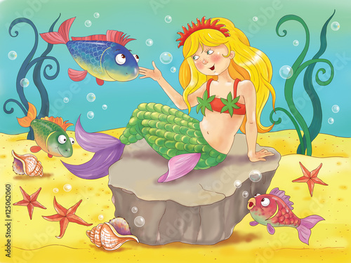 The Little Mermaid. Fairy tale. Beautiful mermaid sits on the bottom of the sea surrounded by fish, starfish and seashells. Illustration for children. Coloring book. Cartoon character.