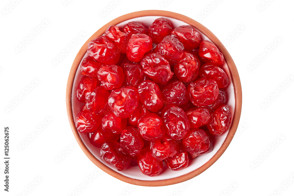 Ceramic bowl of dried cherries on white Ceramic bowl of dried cherries on white