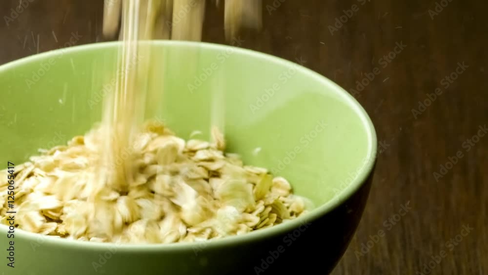 Nutrient rich plain rolled oats pouring into green ceramic bowl with wooden background copyspace Nutrient rich plain rolled oats pouring into green ceramic bowl with wooden background copyspace