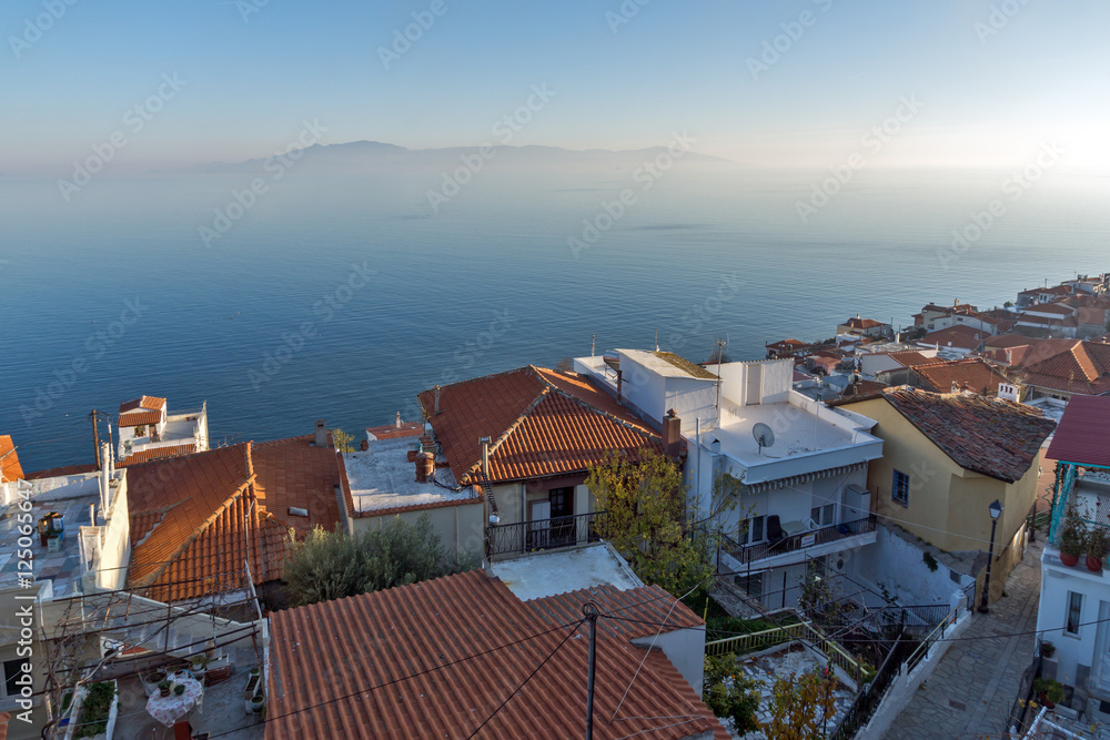 Seascape with Old town of city of Kavala and panorama to Aegean sea, East Macedonia and Thrace, Greece