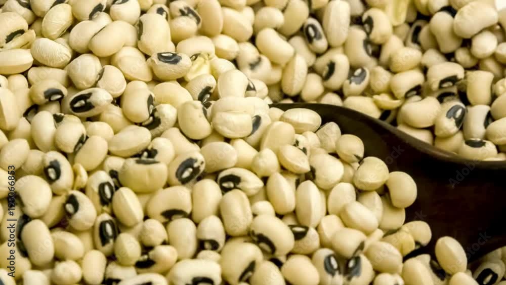 Detailed macro of uncooked healthy black eyed bean lentils being spooned out with a natural textured spoon, slow motion 30p Detailed macro of uncooked healthy black eyed bean lentils being spooned out with a natural textured spoon, slow motion 30p