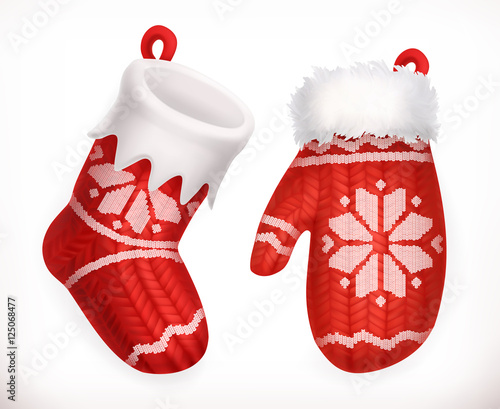 Christmas sock and winter knitted mitten. 3d vector icon