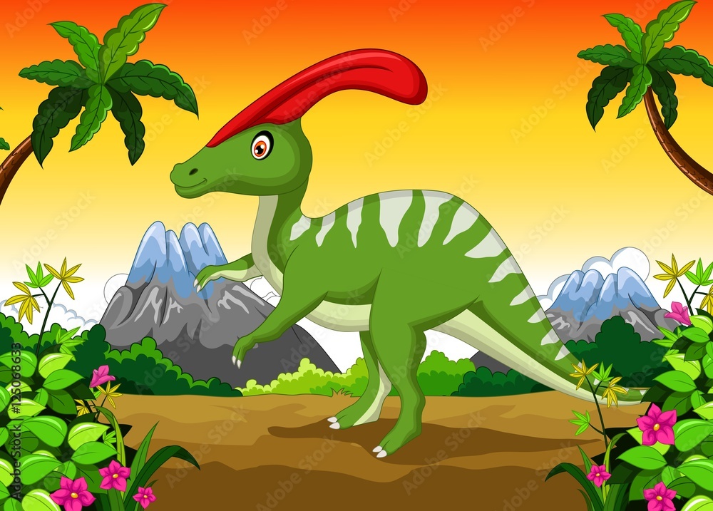 Fototapeta premium Dinosaur Parasaurolophus cartoon in the jungle