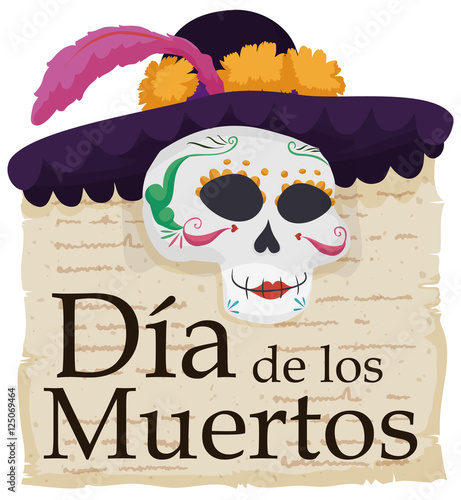 Elegant Catrina Skull with Literary Verses Celebrating "Dia de Muertos", Vector Illustration