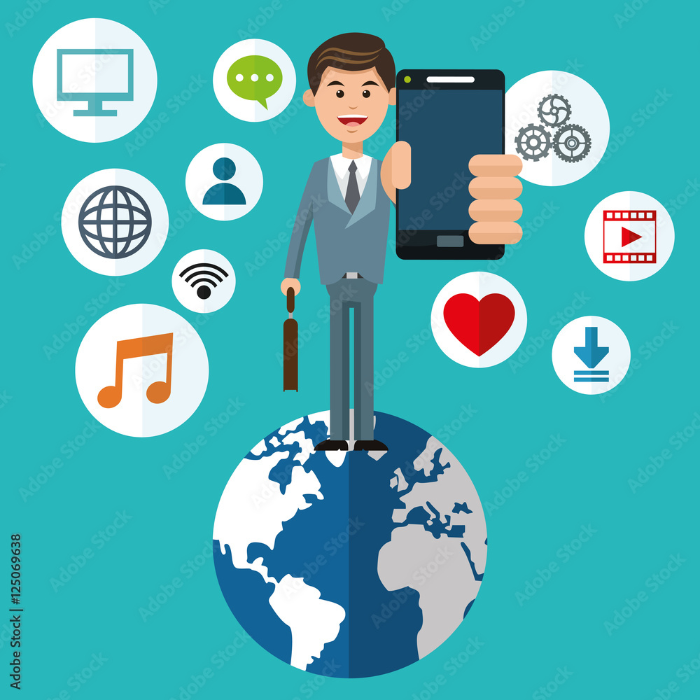 Man cartoon with smartphone planet and icon set. Mobile people theme. Colorful design. Vector illustration Man cartoon with smartphone planet and icon set. Mobile people theme. Colorful design. Vector illustration